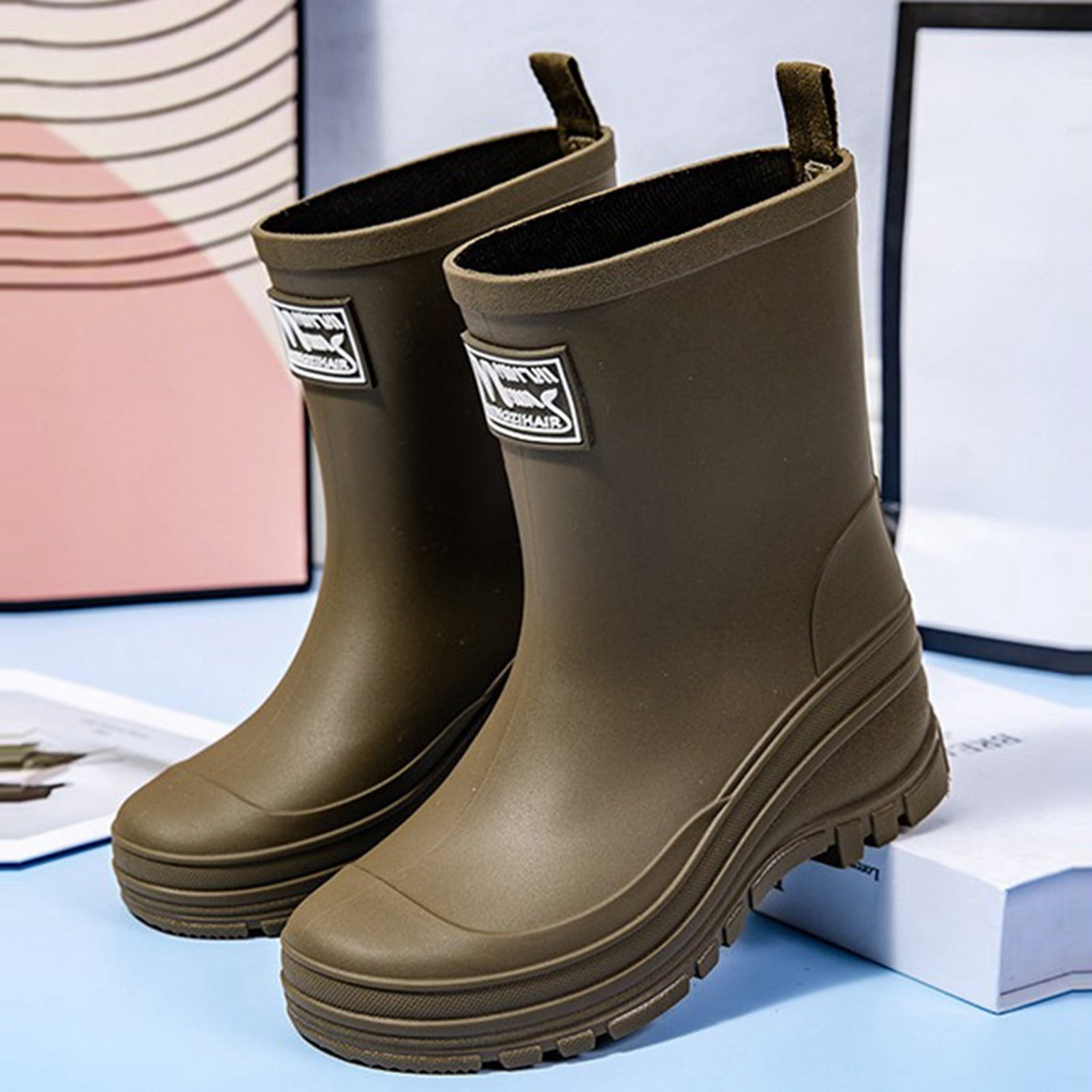 Rain Boots for Women Waterproof Mid Calf Rain Boots Wide Calf Garden Shoes Womens Rain Boots (Army Green 15)