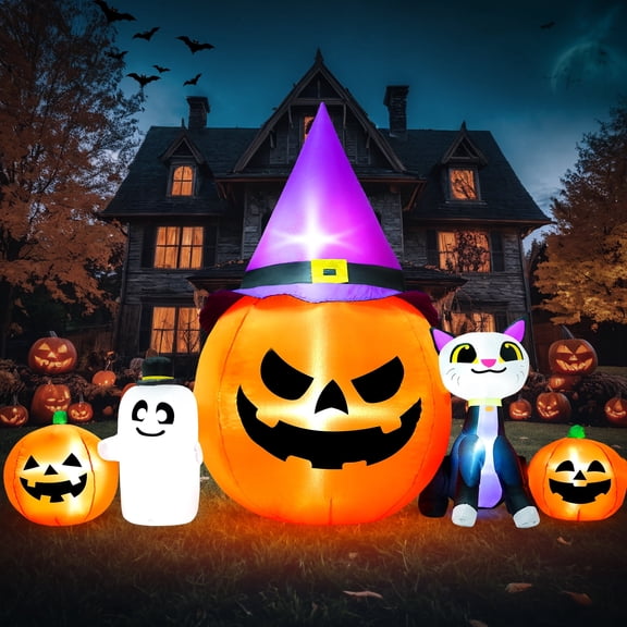IZNEN 8ft Halloween Inflatable Pumpkins Outdoor Decor with Black Cat and Spectre,Built-in LED Lights,for Halloween Party,Yard,Garden,Lawn