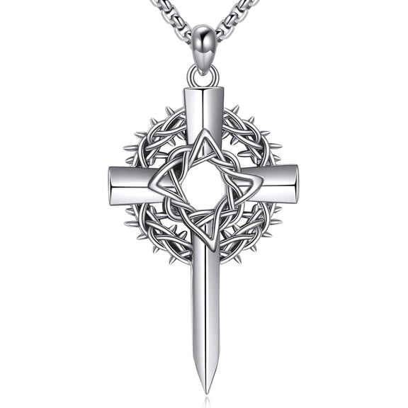 XATENJE Crown of Thorns Necklace 925 Sterling Silver Cross Necklace with Crown Jewelry for Men