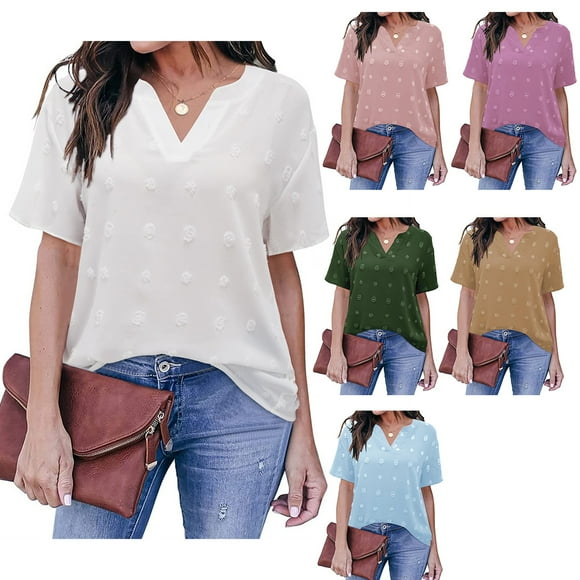 V-Neck Blouse Short Sleeve Casual Loose-Fit Cute Aesthetic Cool V-neck; The Shirt Travel Travel Daily Basic Summer Top Clothes Pink M
