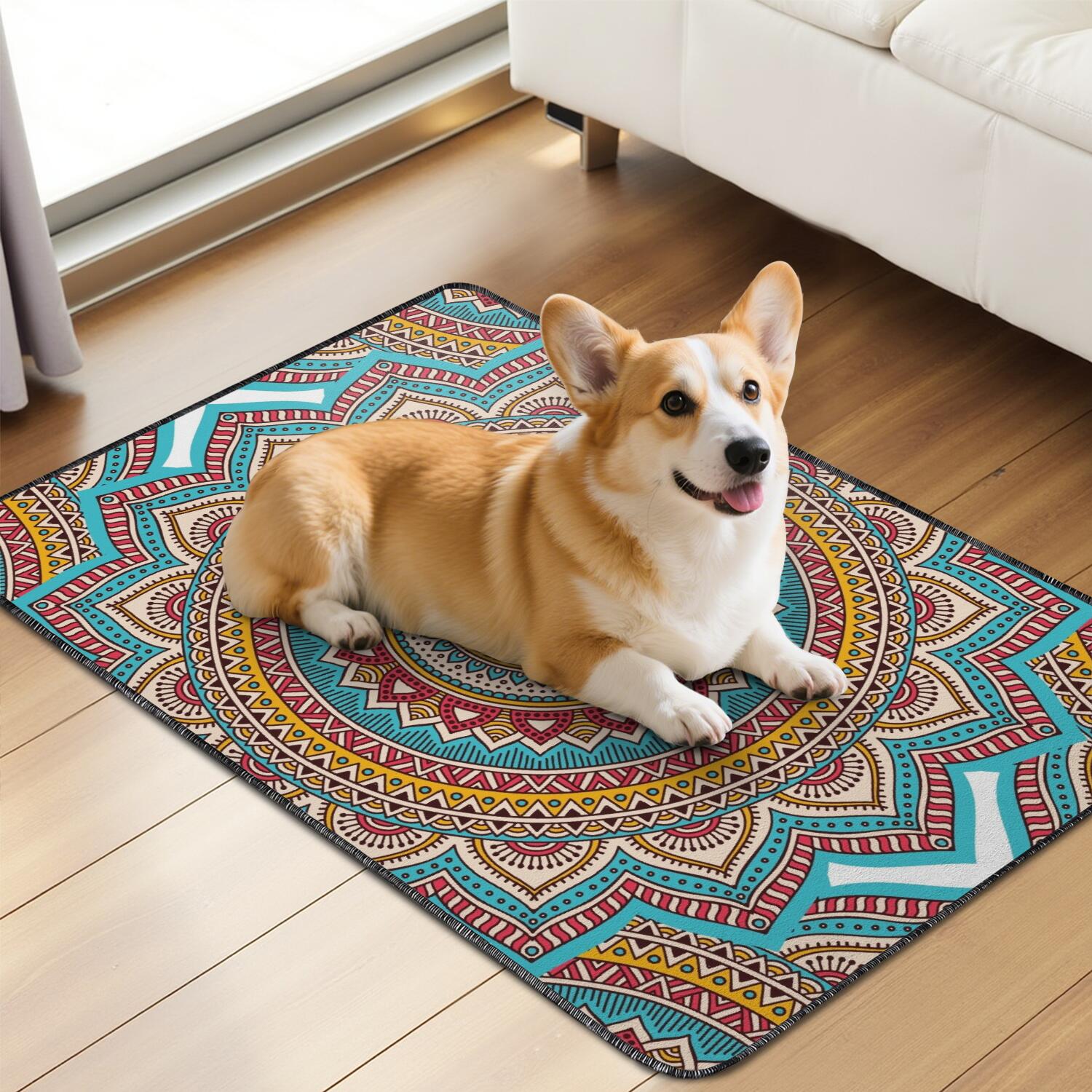 Washable Pee Pads for Small Dogs, 24" x35" Mandala Art, Reliable Potty Solution for Indoor Training, Strong Grip on Tile and Wood Floors.