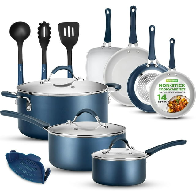 NutriChef 14-Piece Navy Blue Cookware Set - Non-Stick Pots and Pans Set with Lids Stackable & Utensils, Long Lasting 3 Layer Coating, Compatible with All Cooktops