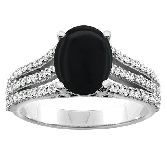 14K White Gold Natural Black Onyx Tri-split Ring Oval 9x7mm Diamond Accents, size 7