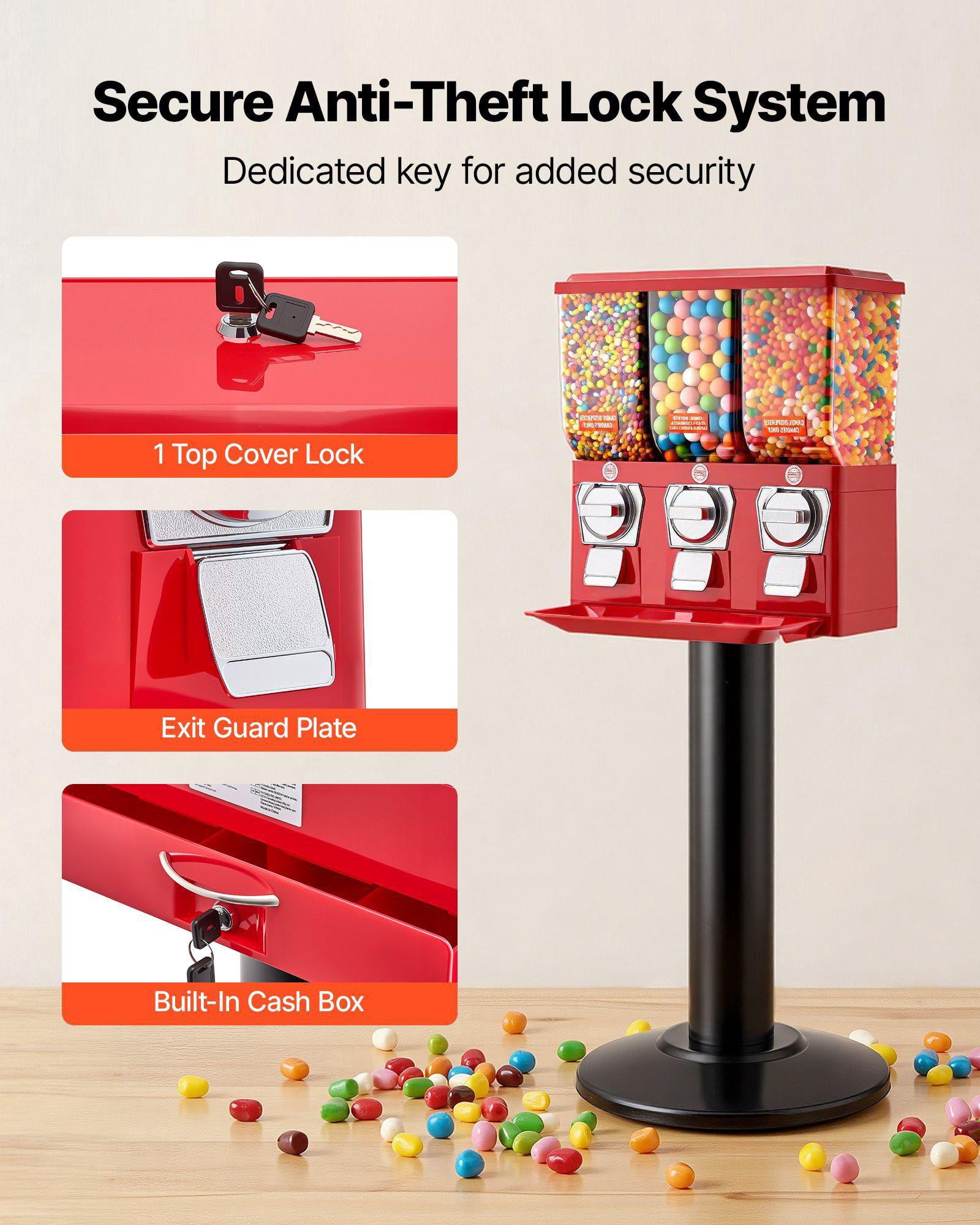 Triple Compartment Vintage Candy Gumball Vending Machine with Stand Detachable Cash Box for Shops Arcades