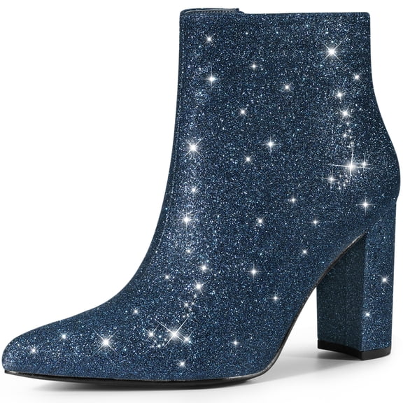 DARING DIVA Chunky Heels Sparkly Booties Navy Blue Ankle Boots