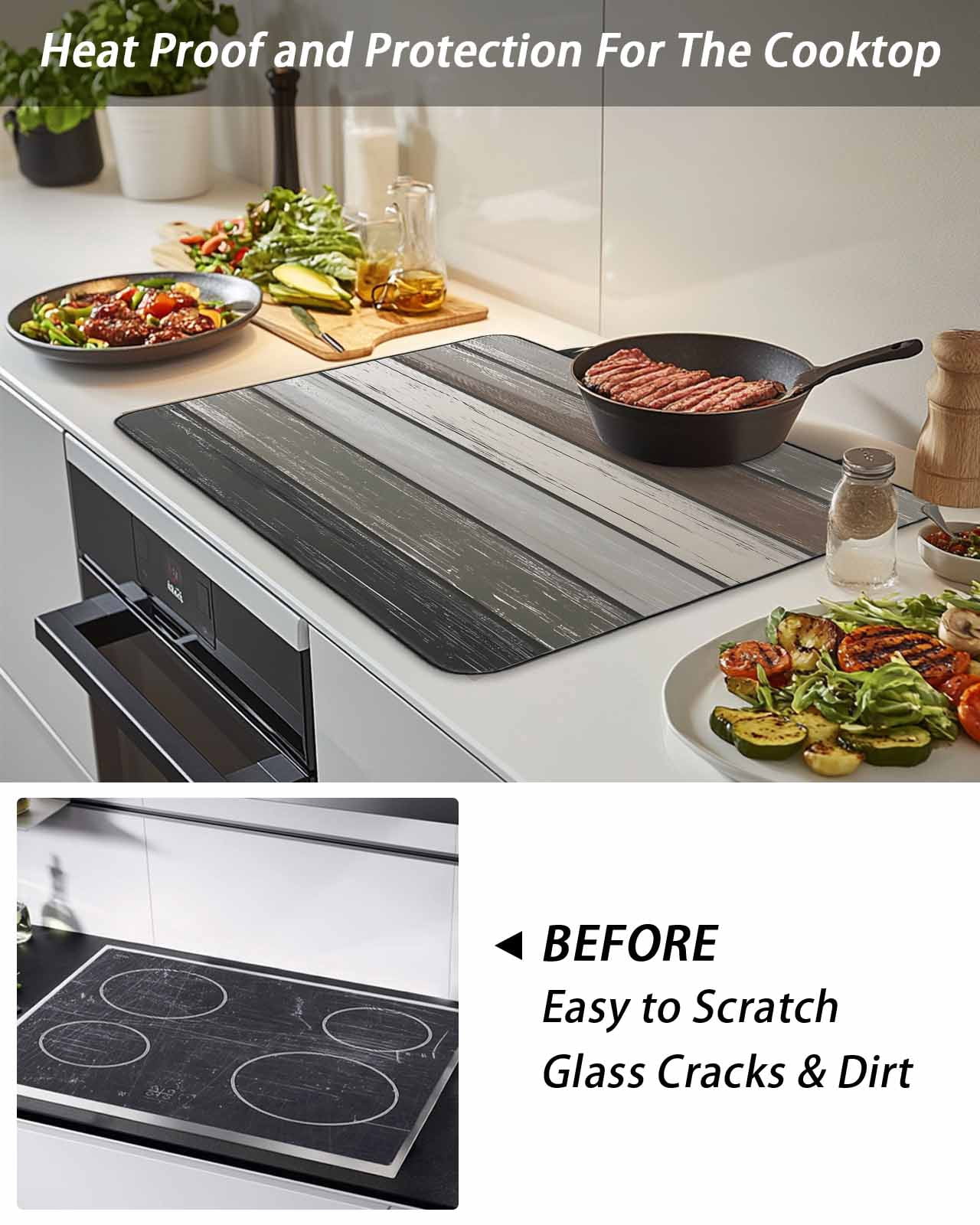 American Pastoral Stove Top Covers for Electric Stove, 36'x21'' Vintage Green Wood Grain Worn Glass Ceramic Stove Cover Foldable Rubber Mat Heat Resistant Cooktop Protector for Kitchen