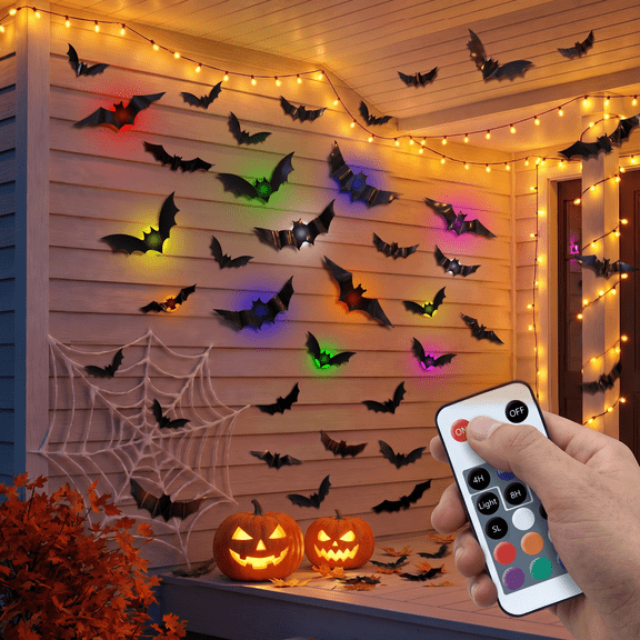 48Pcs LED Halloween 3D Bats Decorations Wall Stickers with 12 Lights , Light Up Bats Wall Decor Color Changing, 10 Different Size Removable PVC Wall Sticker for Window Bathroom Garage Door Home Party