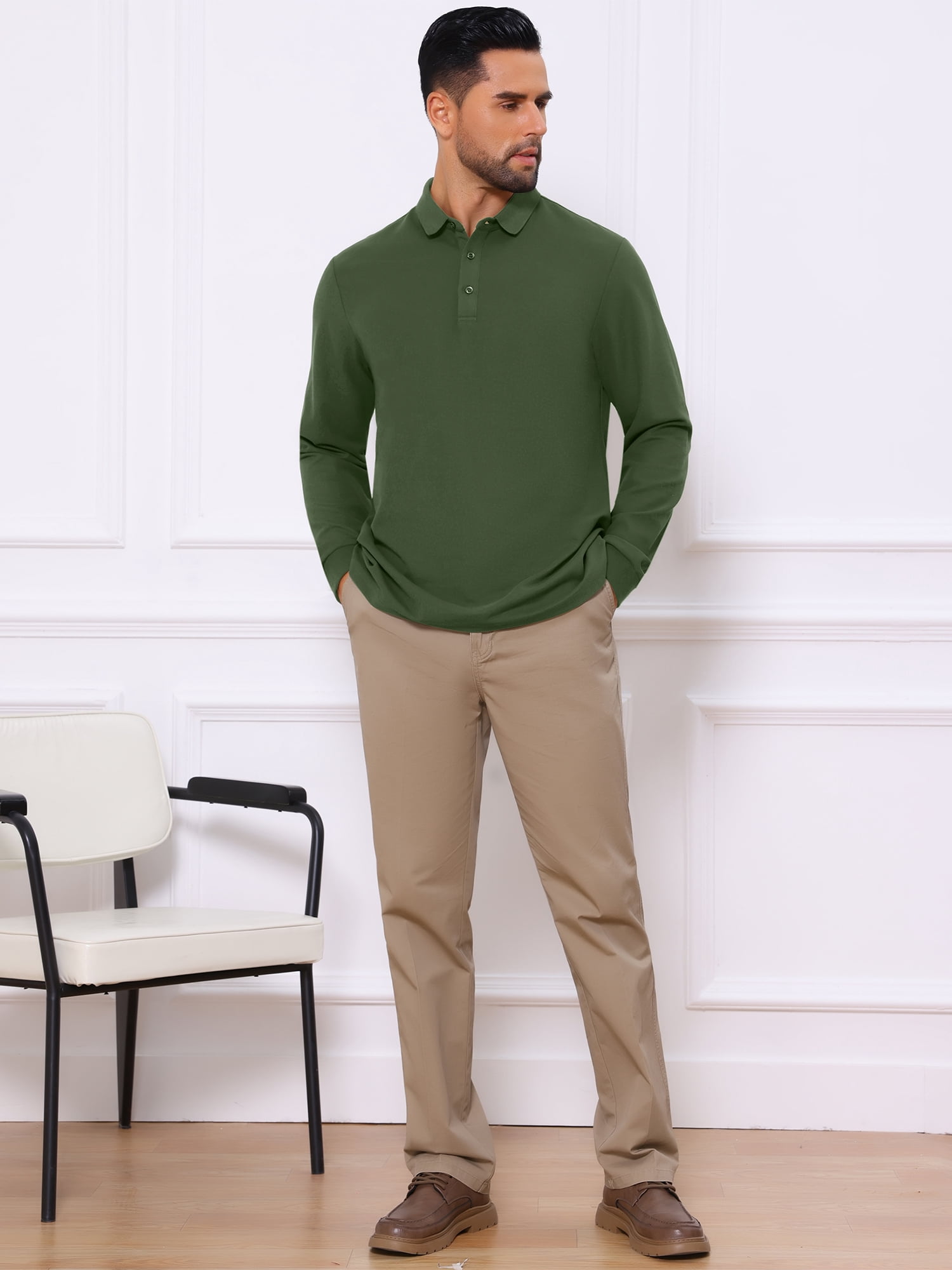 DARING DIVA Men's Classic Solid Color Long Sleeves Basic Golf Polo T-Shirts M Green