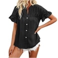 thumbnail image 1 of Timegard Tops for Women Ruched Ruffle Short Sleeve Stand Collar Shirts Casual Loose Button up Blouse, 1 of 5