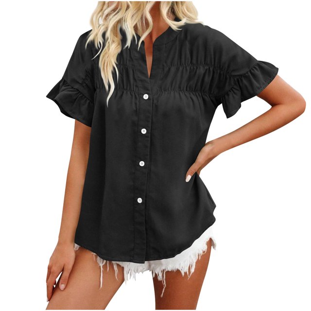 Timegard Tops for Women Ruched Ruffle Short Sleeve Stand Collar Shirts Casual Loose Button up Blouse