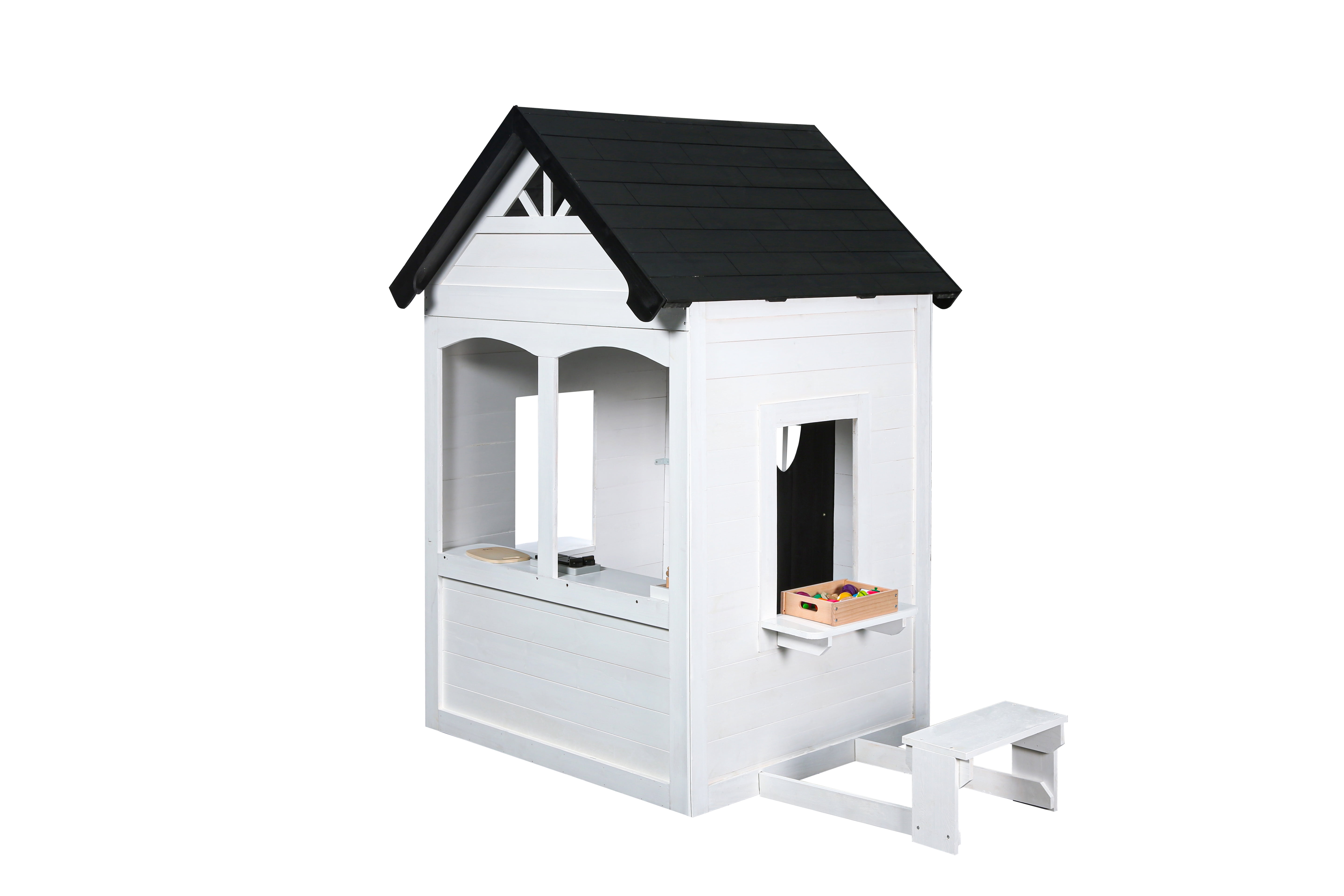 2MamaBees Zahara Playhouse | White & Black Farmhouse Design with Kitchen and Garden