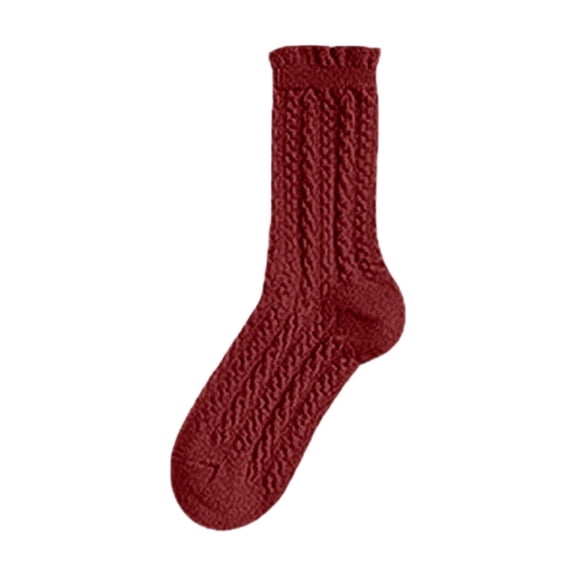 SYMOID Womens Crew Socks Cable Knit Ruffle Trim Mid-Calf Fall Socks, Red,Warm Breathable Winter Socks