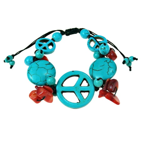Vintage Peace Symbol Blue Turquoise & Red Coral Pull String Bracelet
