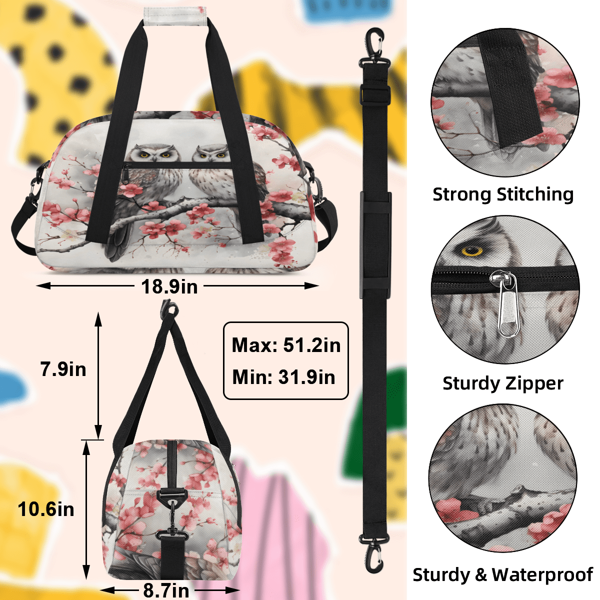 Herdesigns Vintage Birds Sports Duffle Bag for Women & Men, Owl Gym Bag Dance Bag Overnight Bag Carry On Weekender Travel Bag