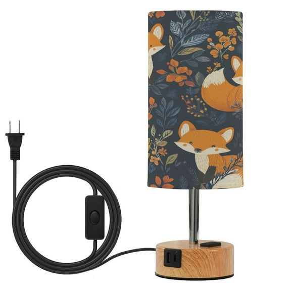 Wobogo Cute Fox Pattern Bedside Lamp Touch Control Table Lamp with USB A C Charging Ports & AC Outlet 3-Way Dimmable Nightstand Lamp with Linen Fabric Shade for Bedroom Living Room