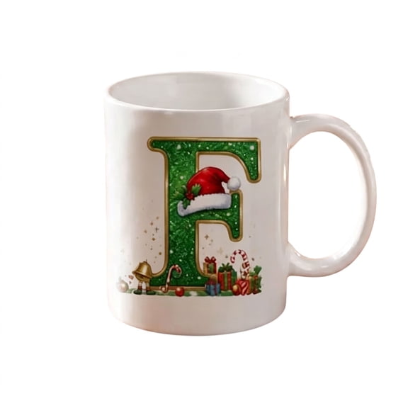 11oz Christmas Initial Ceramic Coffee Mug, Festive Green Glitter Letter Design With Santa Hat Holiday Print, White Drinking Cup For Hot Cocoa Tea, Xmas Gift For Household Daily Use