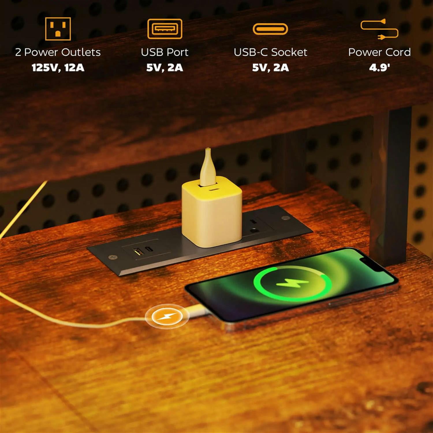 Demi Bonn 47" Reversible Office Desk with LED Lights and Power Outlets, Home Computer Desk for Living Room, Office, Study Table PC Desks, Brown