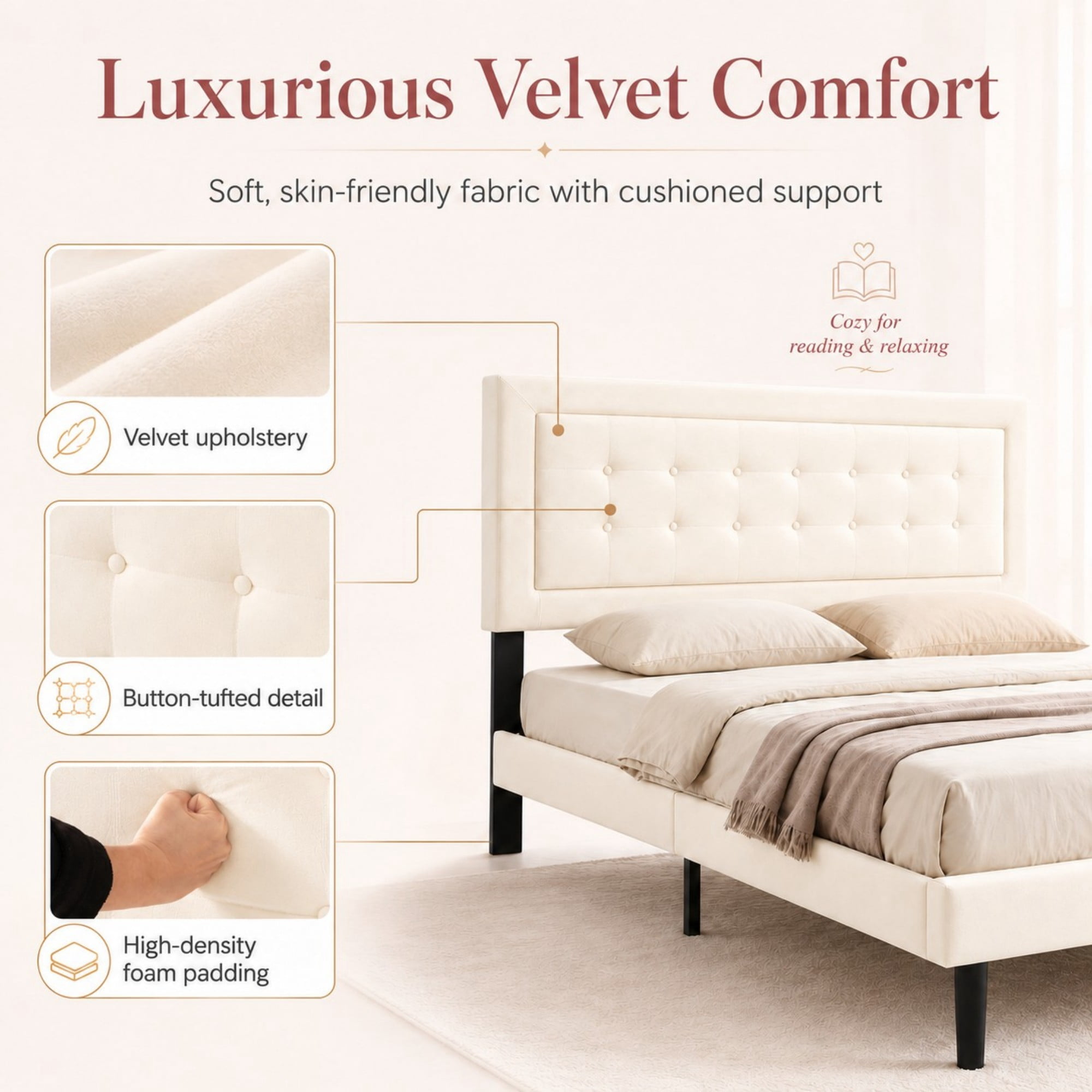 DEALTOPS Queen Size Velvet Platform Bed Frame, Upholstered Tufted Headboard, No Box Spring, Beige
