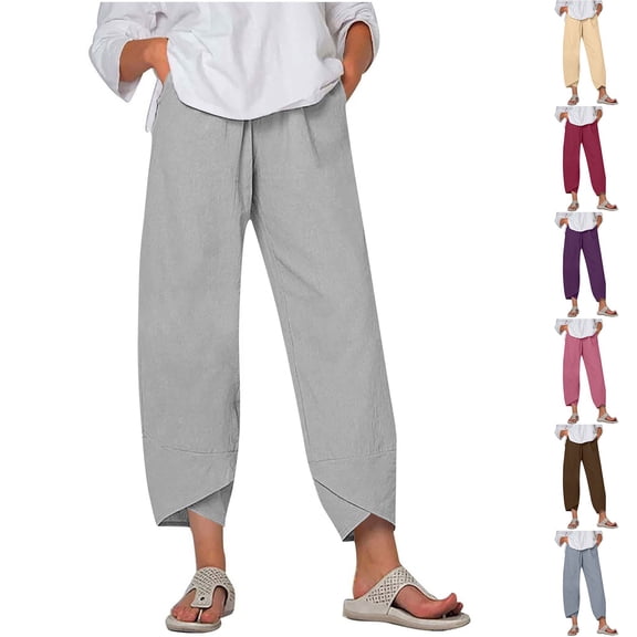 BiZtdJrK Women Cropped Cotton Linen Pants Tulip Hem Elastic Waist Fashion Summer Pant Loose Fit Travel Beach Trousers with Pockets Beige M