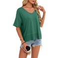 thumbnail image 3 of Womens Summer V Neck T Shirts Casual Short Sleeve Flowy Tops Cute Loose Fit Basic Tees Dark Green M, 3 of 8