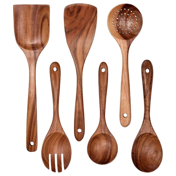 6 Pcs  Teak Wooden Utensil Set - Natural Kitchen Cooking Tools with Slotted Spoon, Spatula & Long Handles, Non-Scratch for All Cookware