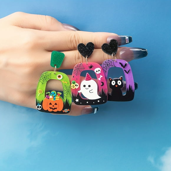 3 Pairs/ Set Halloween Cute Ear Jewelry Horror Pumpkin Cat Ghost Design Dangle Earrings Cartoon Style Adorable Halloween Gift