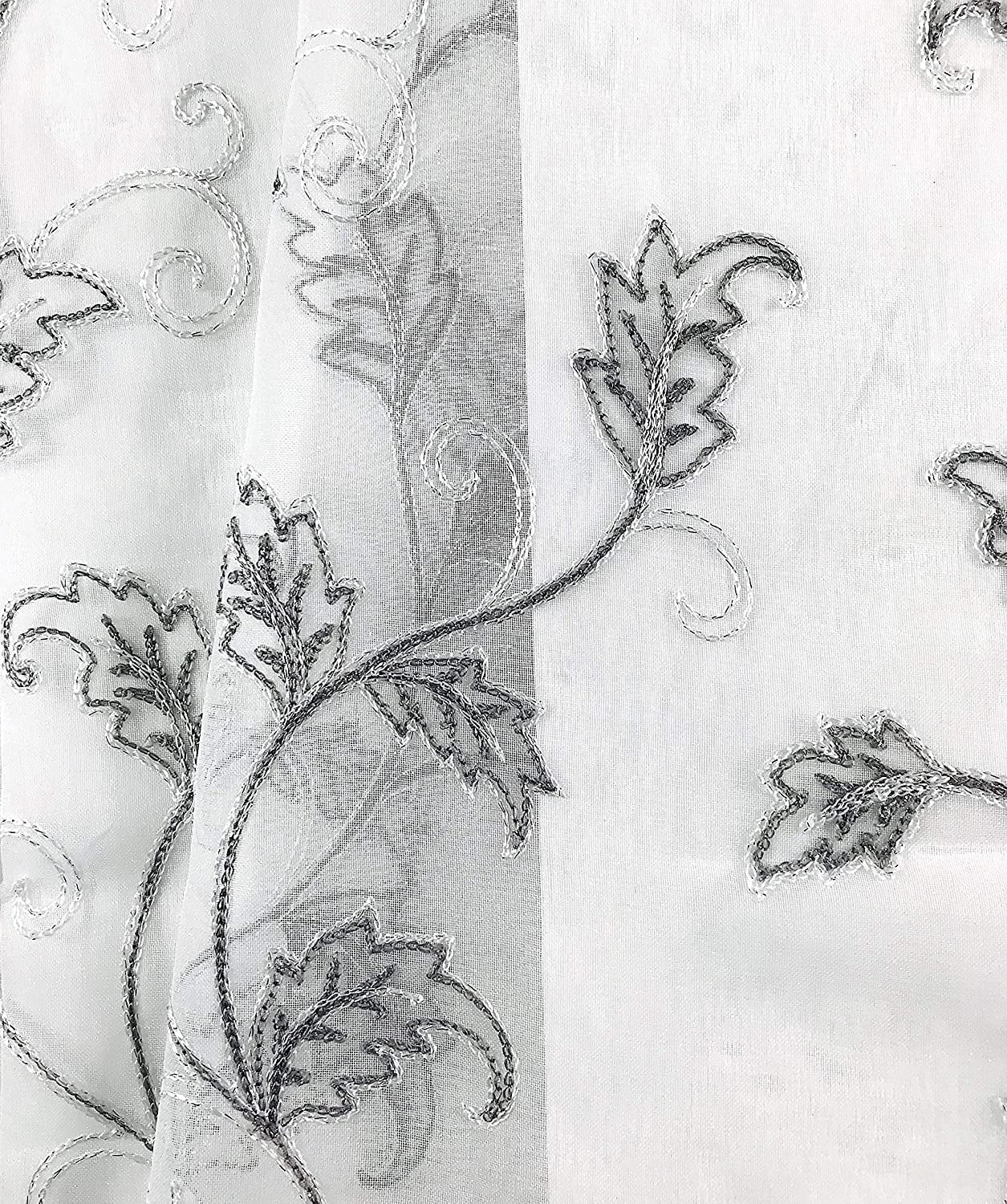 Serafina Home Decorative Sheer Fabric Shower Curtain: Gray and White Embroidered Leaves with Metallic Threading