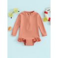thumbnail image 6 of Bslissey Toddler Baby Girls Rash Guard Swimsuit Solid Color Long Sleeve Ruffles Romper Swimwear 6M 12M 18M 24M 3T 4T Kids Casual Zipper Bathing Suit Summer Beach Wear, 6 of 9