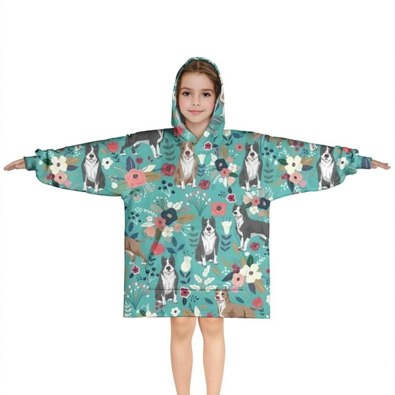 Pitbull Dog and Flower Floral Blanket Hoodies for Kids 6-13YR Oversize Wearable Blanket Hoodies for Boys Girls Teens