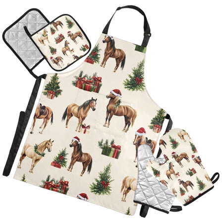 Ryvnso Christmas Horse Kitchen Apron Oven Mitts Set Pot Holders