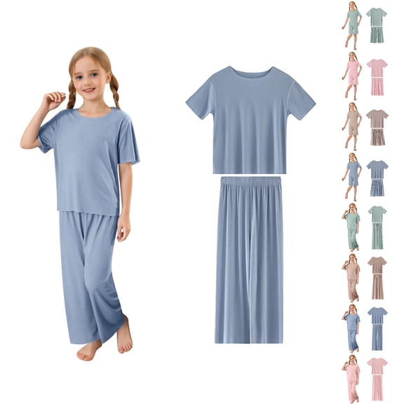 UJNDER Boys Girls Ribbed Solid Color Round Neck Short Sleeve Top and Long Pants Comfortable Loungewear Pajama Set for Toddler Kids Kids Pajamas,01_Navy,8-9 Years