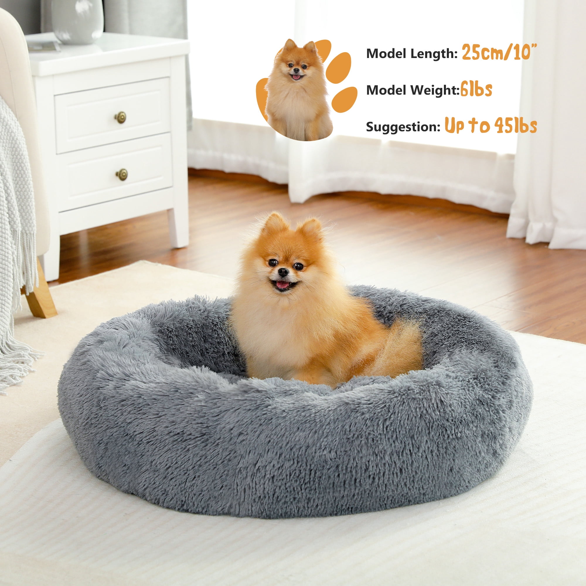 PAWZ Road Calming Donut Dog Bed Anti-Anxiety Plush Pillow Round Puppy Cat Bed 30" for Pets up to 45lbs,Gray