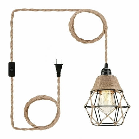 HIBIBUD Vintage Plug in Pendant Light Wicker Rattan Hanging Lights with 11.48ft Hemp Rope Cord Lampshade Boho Wall Lighting Fixture Swag Lamp for Kitchen Island Farmhouse Living Dining Room