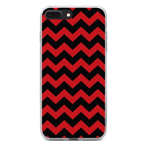 DistinctInk Clear Shockproof Hybrid Case for iPhone 7 PLUS / 8 PLUS (5.5" Screen) - TPU Bumper, Acrylic Back, Tempered Glass Screen Protector - Black Red Chevron Stripes - Chevron Stripes Pattern