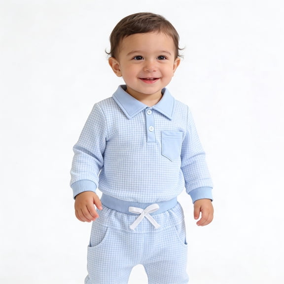 Xdegoge Baby Boys Gingham Plaid Polo Shirt and Joggers Set 2 Piece Long Sleeve Lapel Neck Pullover with Pocket Infant Spring Outfits, 0M-3T