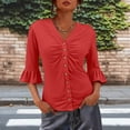 thumbnail image 2 of Women's Solid Color Pleated Trumpet Sleeve Top T-Shirt Blouse Summer Casual Daily Wear Crewneck Mid Sleeve Fashion Essential Gift for Women | Aestivo,Red XL, 2 of 9