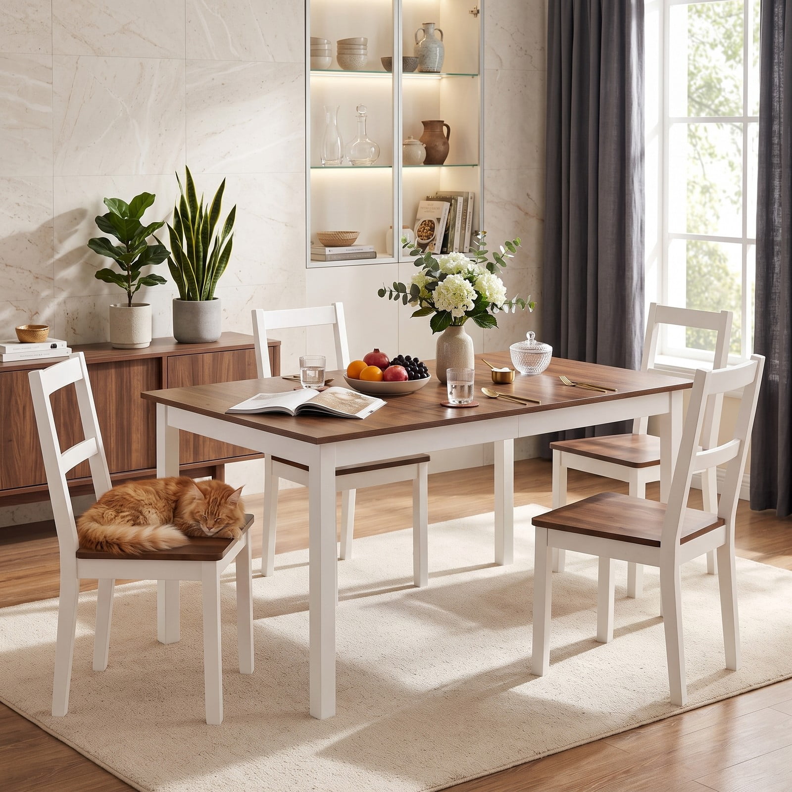 Furnibear 60 Inch Rectangular Dining Table for 6, Kitchen Dinner Table with Solid Rubber Wood Legs and Spacious Wood Grain Tabletop for Dining Room Restaurant, Brown
