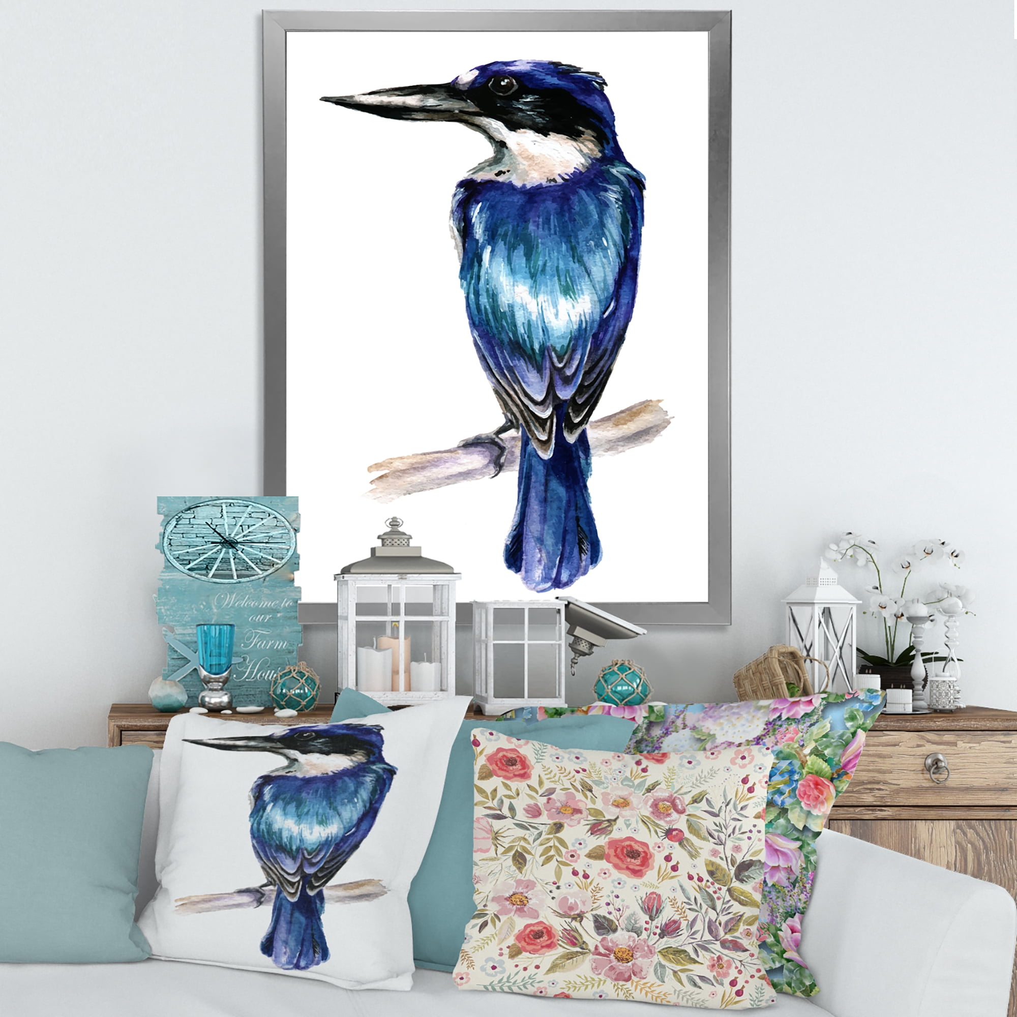 Designart 'Style Blue Kingfisher Bird' Traditional Framed Art Print