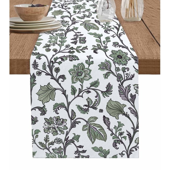 Boho Leaf Table Runner 72 Inches, Sage Green Spring Farmhouse Pastoral Tribal Bed Runner Dresser Scarves Tabletop for Indoor Outdoor Parties/Ceremony/Banquet, 14" x 72"
