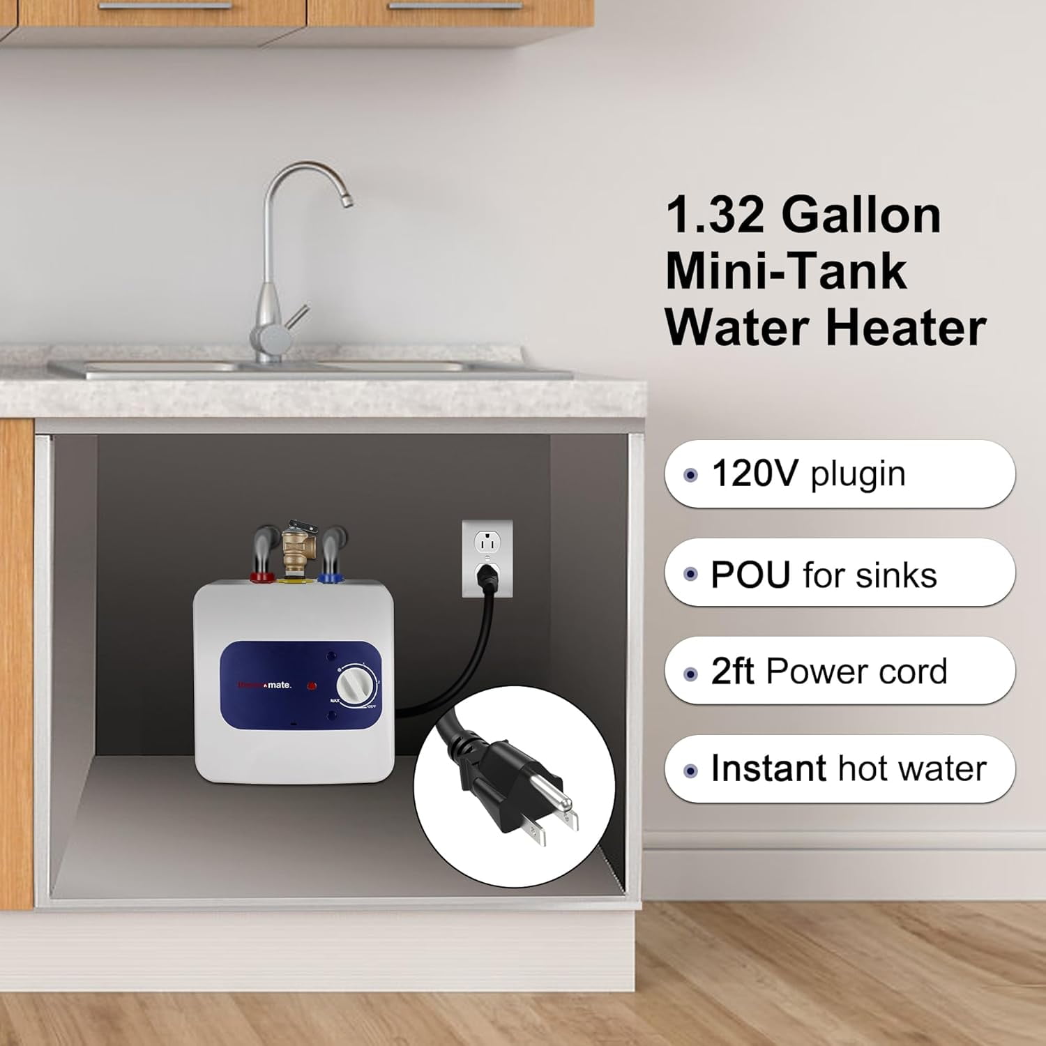 thermomate Mini Tank 1.32 Gal 1440W 120V Compact Element Point of Use Electric Water Heater,Wall or Floor Mounted,ES150,White