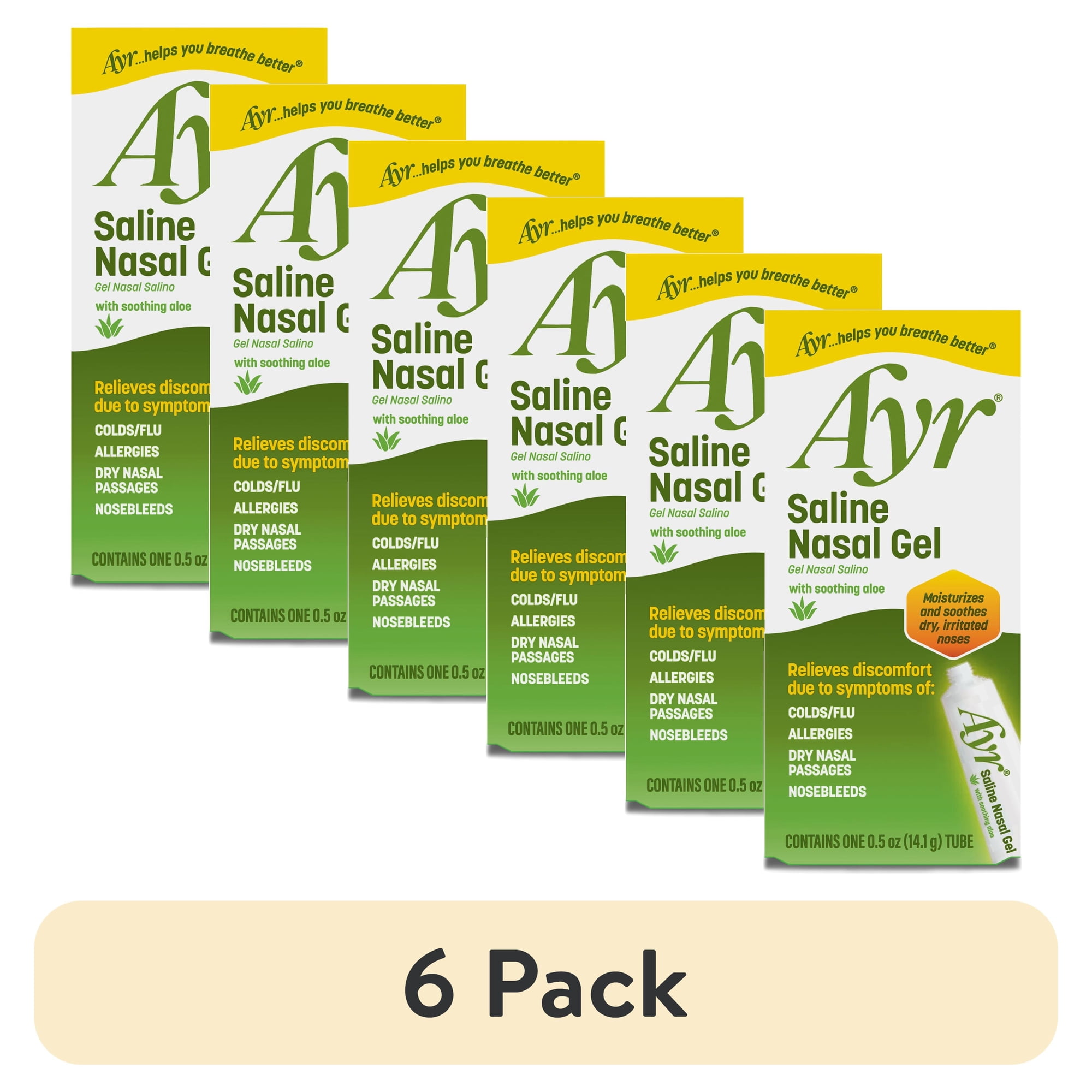 (6 pack) Ayr Saline Nasal Gel with Soothing Aloe, For Dry Noses, 0.5 oz