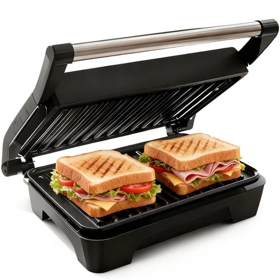 Stainless Steel Panini Press & Sandwich Maker, Non-Stick Plates, Removable Drip Tray, Indoor Grill for Burgers, Steaks & More