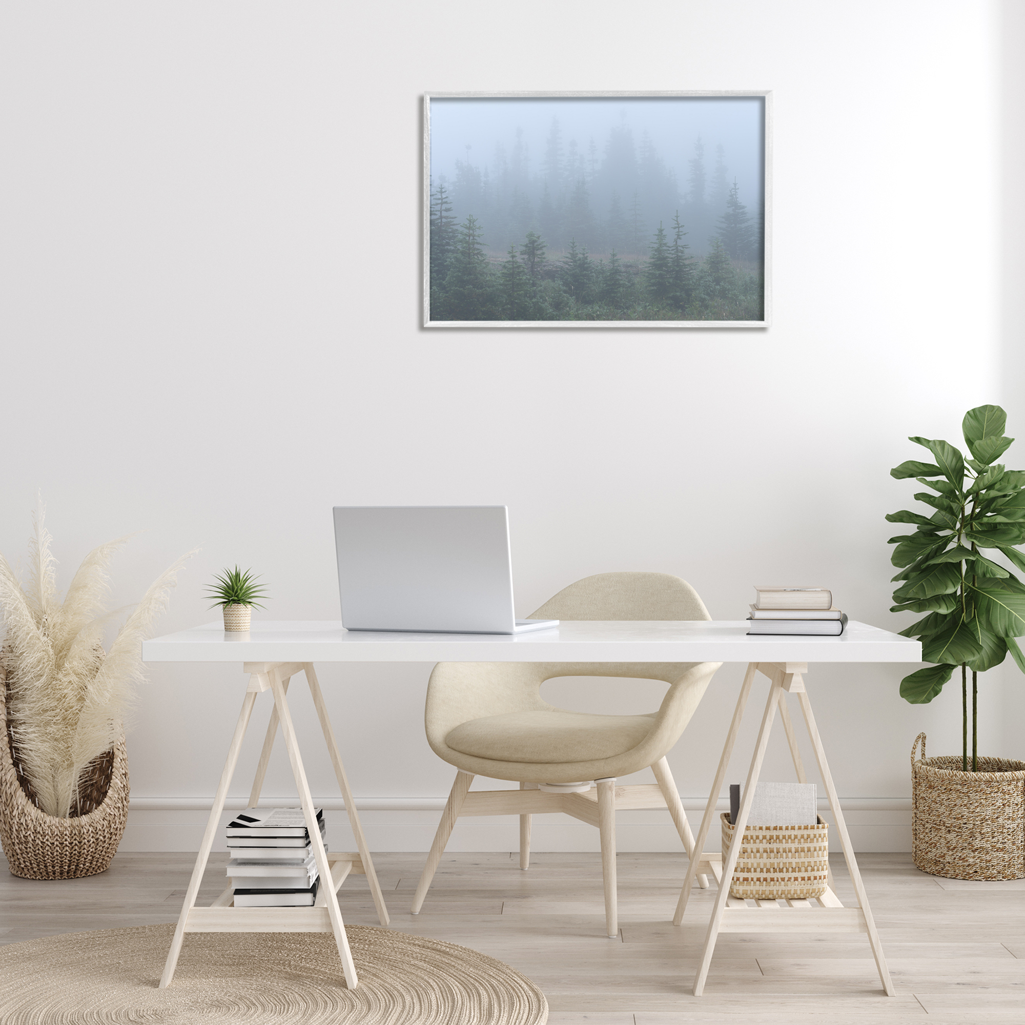 Stupell Industries Foggy Forest Trees Landscape Photography White Framed Art Print Wall Art, 30 x 20