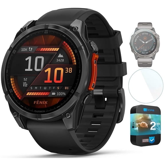 Garmin 010-02904-00 Fenix 8 47 mm AMOLED Slate Gray with Black Silicone Band Bundle with Deco Essentials 1.4 Inch Screen Protector for Garmin Fenix 6 and 2 YR CPS Enhanced Protection Pack