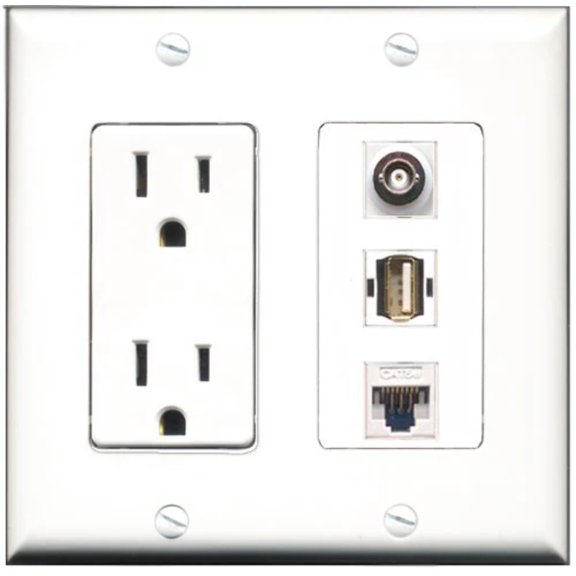 RiteAV - 15 Amp Power Outlet 1 Port USB A-A 1 Port BNC 1 Port Cat5e Ethernet White Decorative Wall Plate