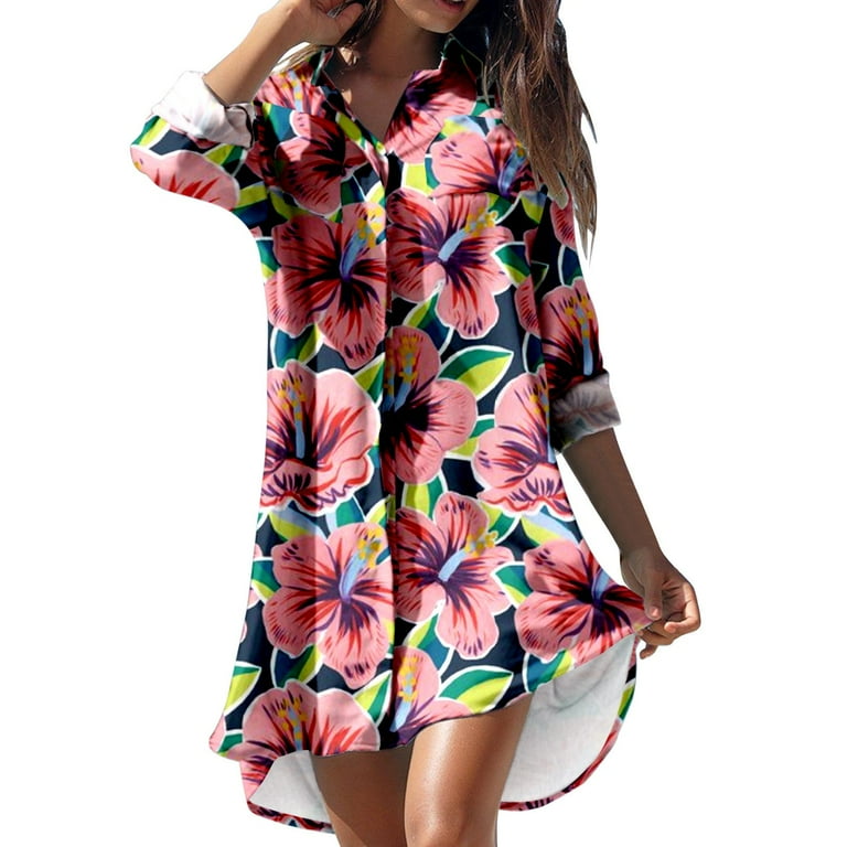 Valentine s Day Deals Women Boho Floral Tiered Maxi Dress Casual Loose Vacation Beach Long Dress Long Sleeve Shirt Dresses With Pocket Red XXL