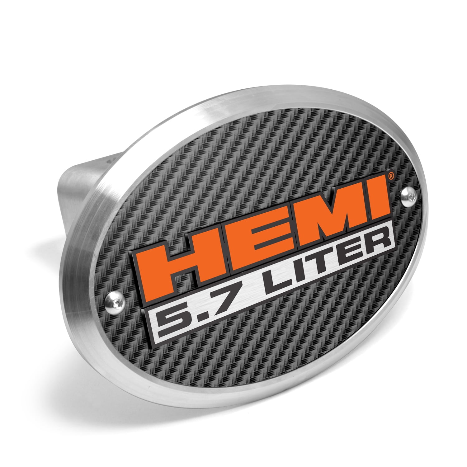 HEMI 5.7 Liter 3D Logo on Carbon Fiber Look Oval Billet Aluminum 2 inch Tow Hitch Cover