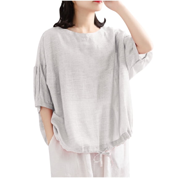 CHGBMOK Womens Solid Puff Sleeve Half Sleeve Blouses Crew Neck T Shirts Comfy Casual Tops Curved Hem Going Out Outfit