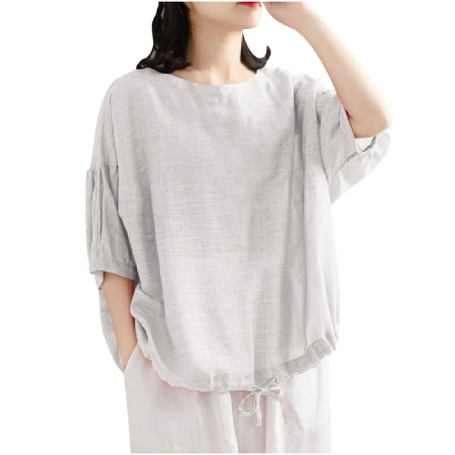 Timegard Hauts pour Femmes Col Rond Manches 3/4 Cordon Ample Léger Décontracté Blouse Unie Haut