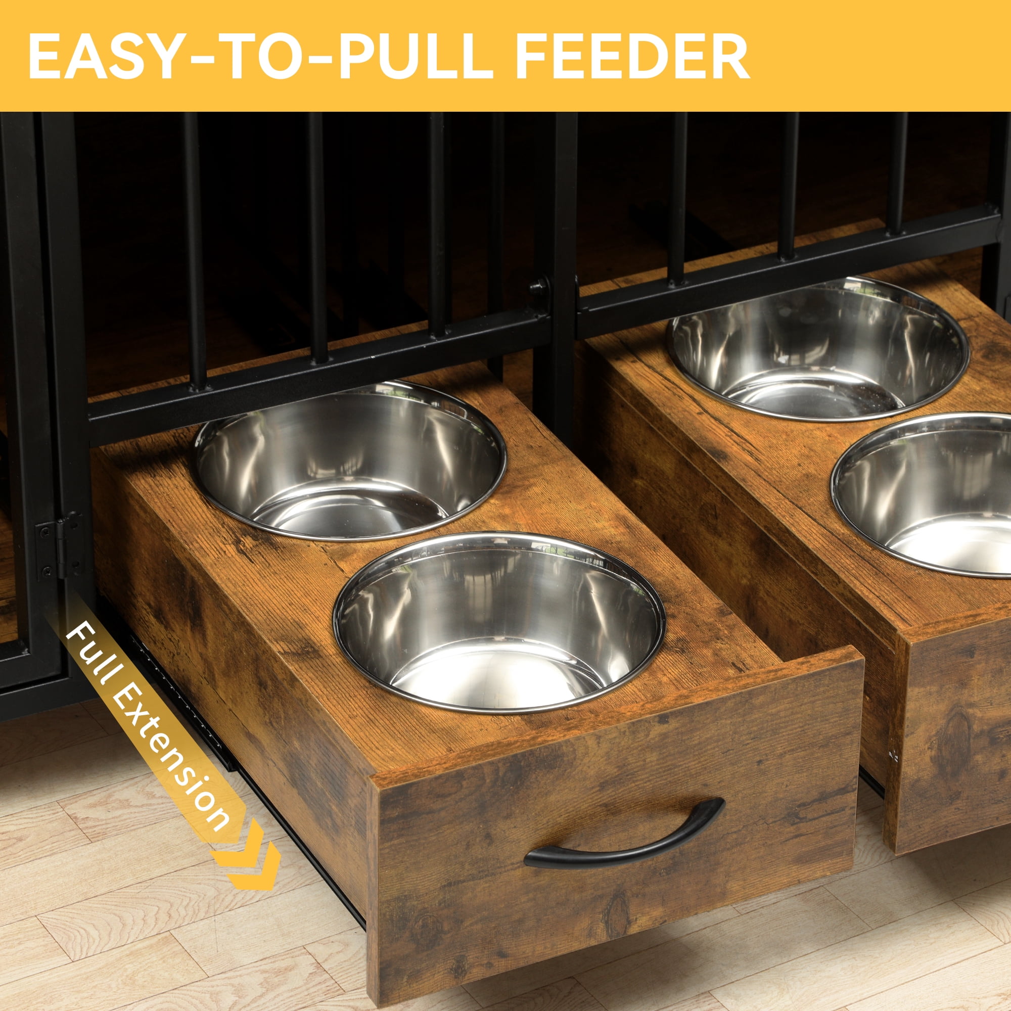 Dextrus Dog Crate Furniture TV Stand Large Breed with Dog Feeder, 74.8" Inch Wooden Decorative Dog Kennel Furniture Indoor Heavy Duty Dog Crate with Drawers, 2 Room Divider for 2 Medium Large Dogs